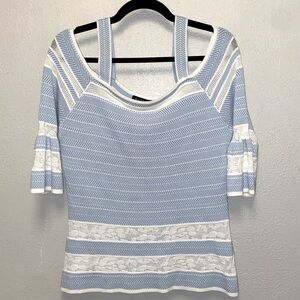 Boston Proper Off -the-Shoulder Blue  & White Bell Sleeves Knit Sweater: 3495